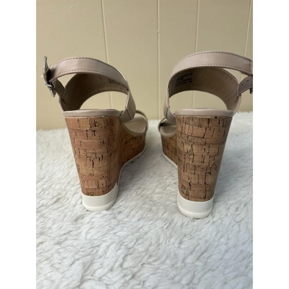 Nude Faux Leather Cork Wedge Platform Sandals Buckle Ankle Strap Beige 8M
